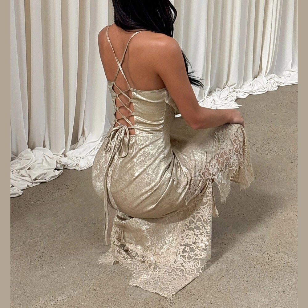Scattered Gold Coated Metallic Cowl Neck Lace Trim Spaghetti Strap Maxi Dress - Picture 2 of 7